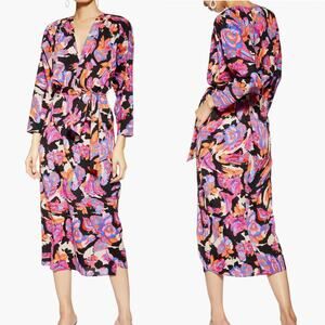 Topshop NWT Vibrant Floral Belted V-Neck Long Sleeve Midi Dress